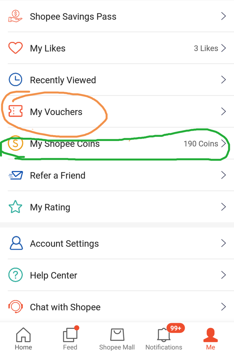 Screenshot: Shopee Cashback Vouchers Are Saved in "My Vouchers". Total Coins Collected Will Be in "My Shopee Coins"
