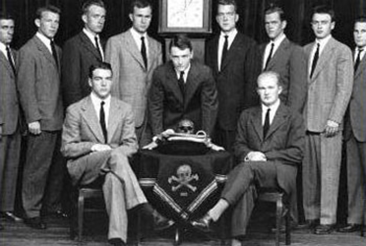 George H. W. Bush (Left Of Clock) With The Skull And Bones Group At Yale University, New Haven, CT Circa 1947
