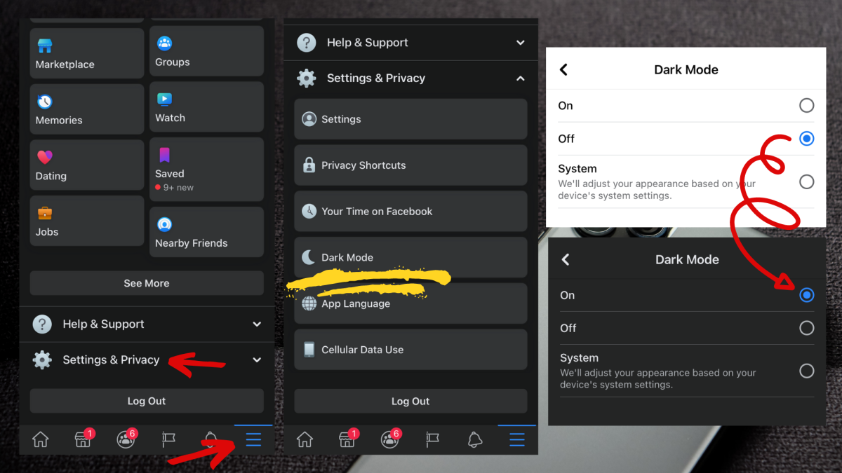 The "Dark Mode" selection is symbolized by the half-moon icon.