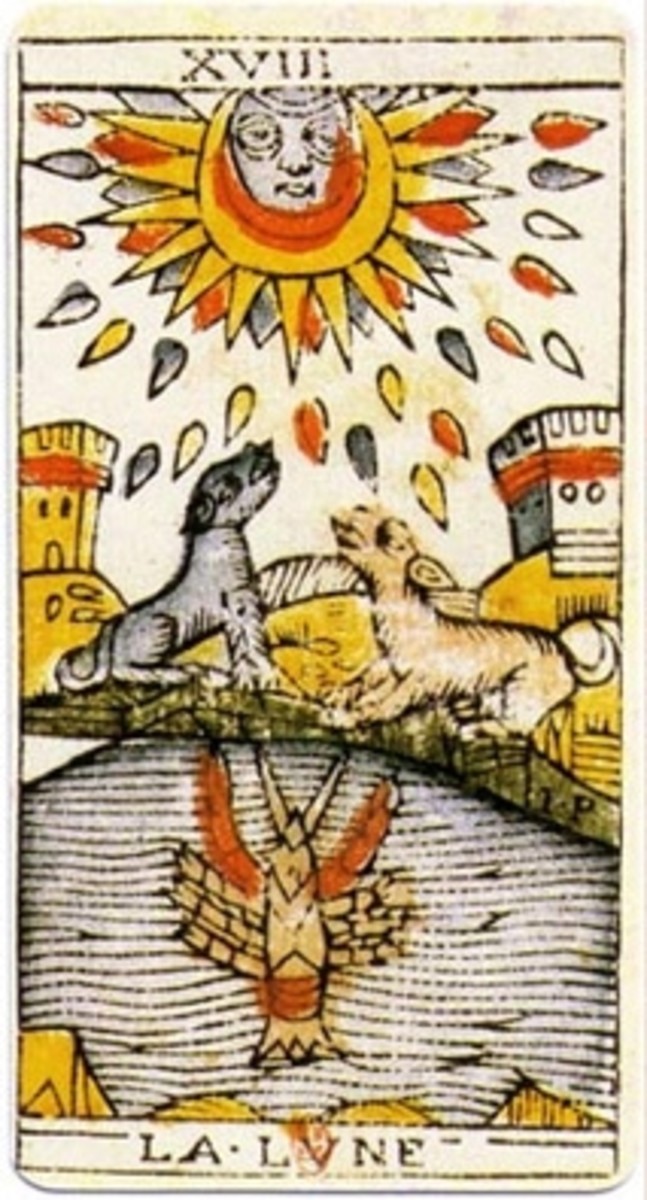 "La Lune" from the Marseilles Tarot deck by Jean Dodal. The image shows the Moon eclipsing the Sun.