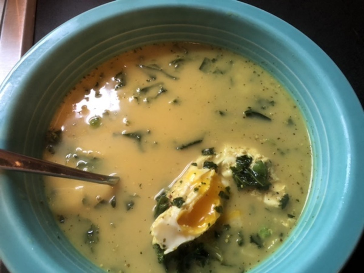 Green chickpea and turmeric soup, with an egg added. Yum! 