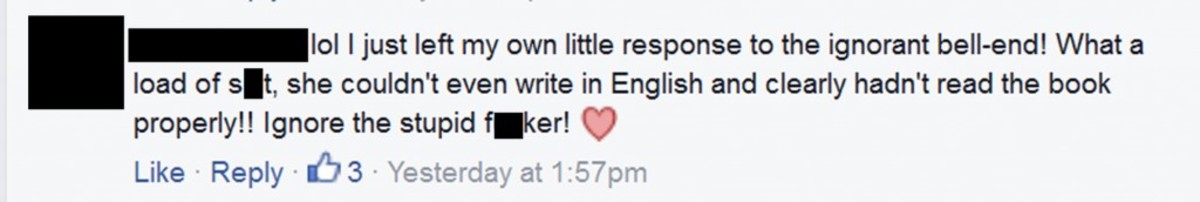 This is one of the extremely unprofessional and demeaning comments made on facebook by one of the author's associates. 