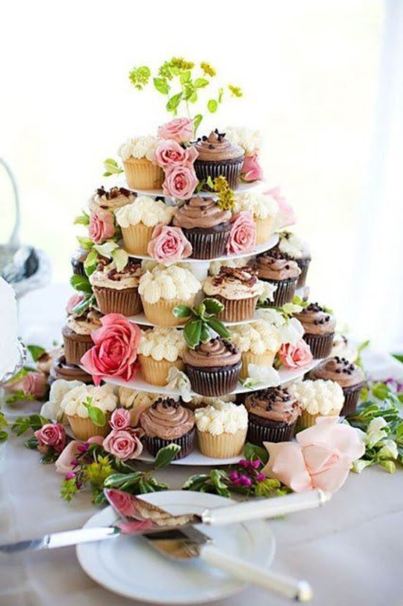 Tiered "wedding cake" made with cupcakes