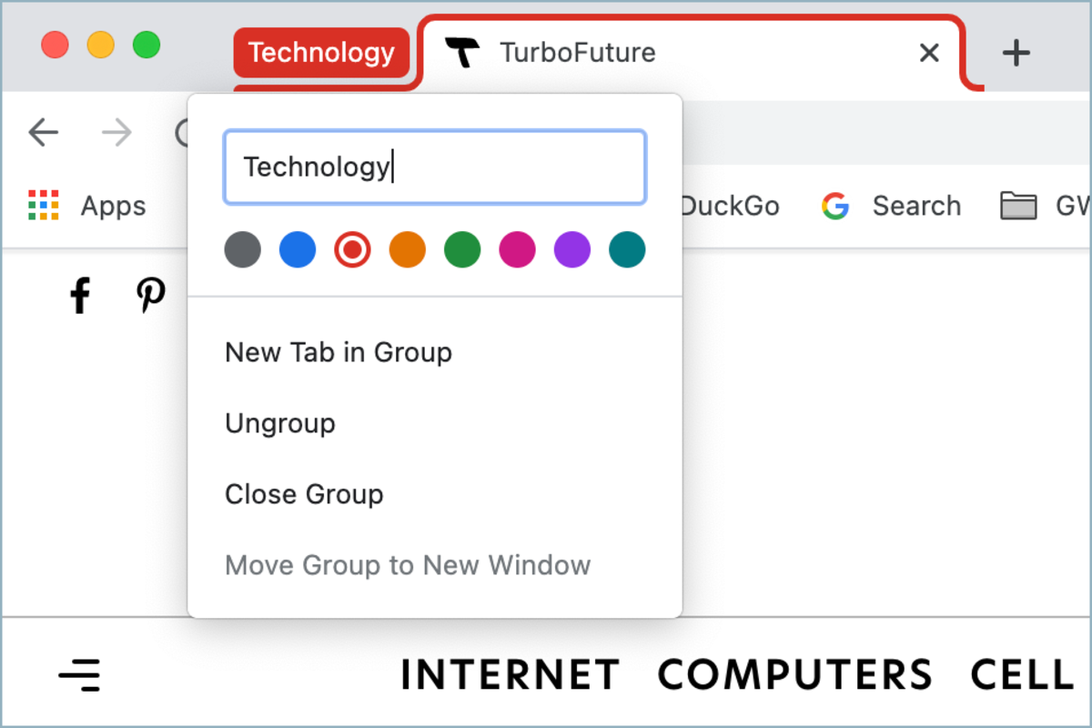 Right-click on a tab group title to edit the name and color