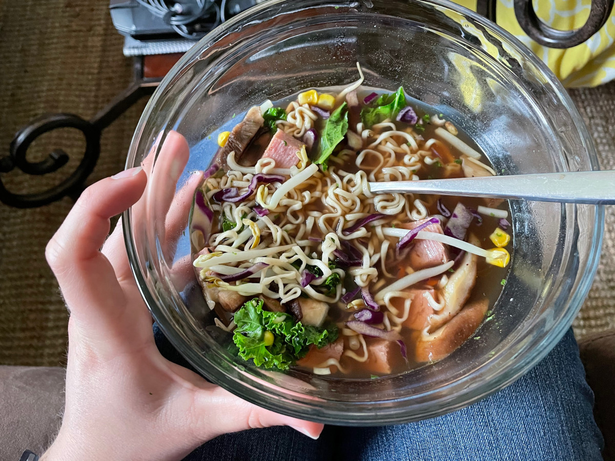 Leveled-up ramen with kale, bean sprouts, mushrooms, spam, red cabbage, a little soy sauce, and black sesame seeds.