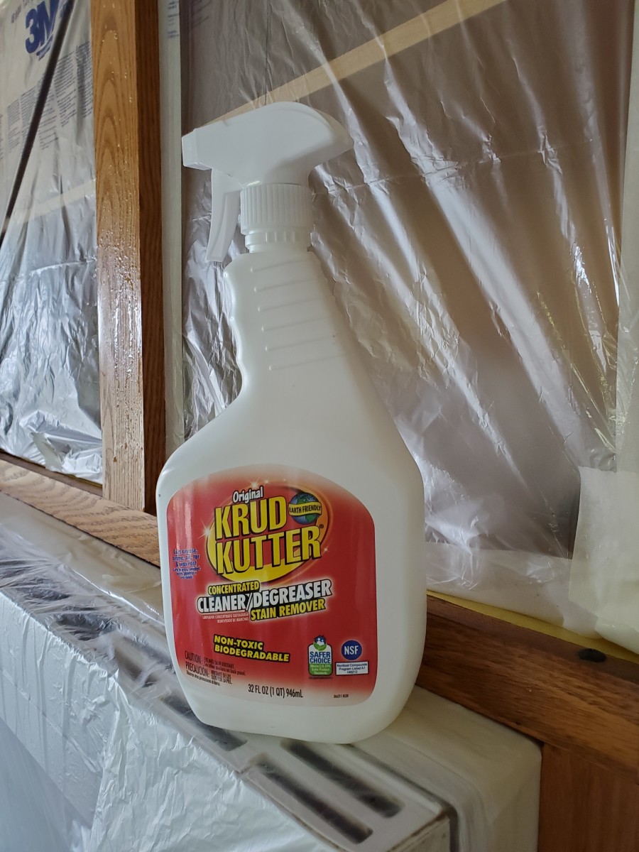Krud Kutter Original removes nasty grease from cabinets. 