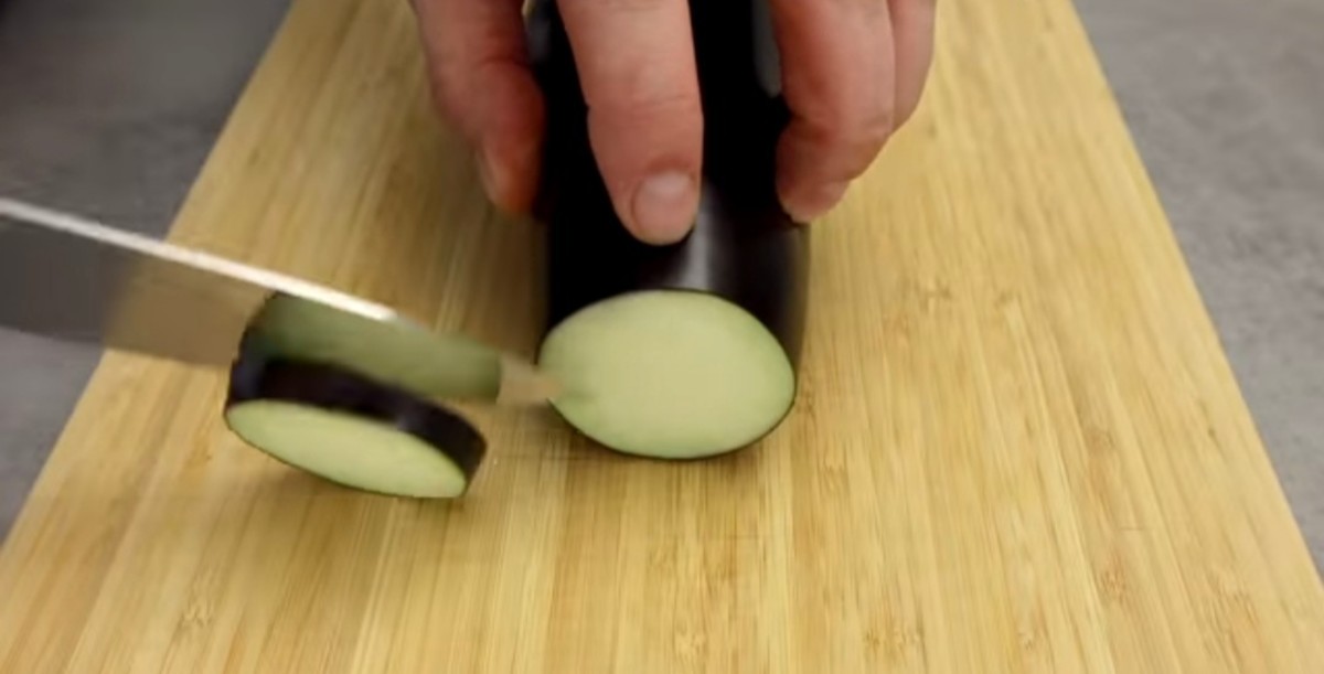 Step 1: Slice the eggplant.