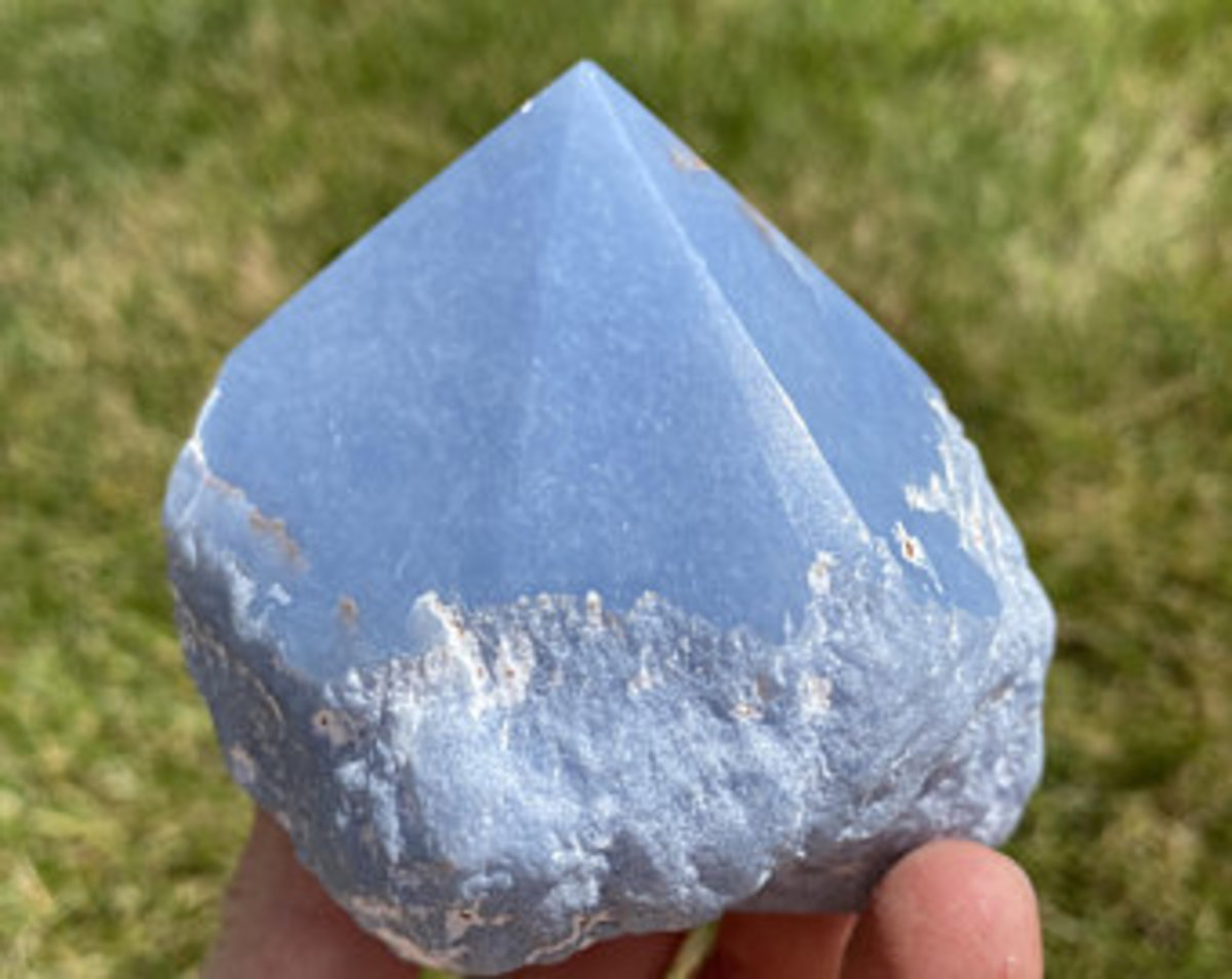 This beautiful, light blue stone is commonly found with white, vein like detailing and sometimes red spots.