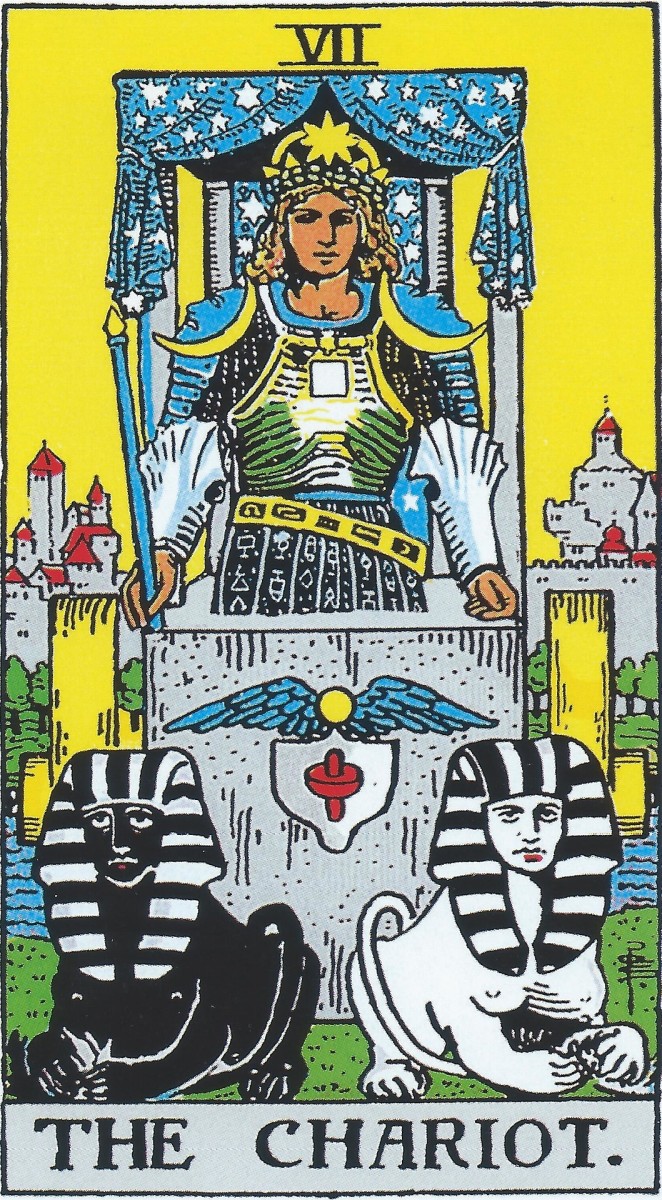 The Chariot is pulled by two sphinxes. The rider is crowned and holds a sword or wand. The rider is victorious and moving forward with their goals.