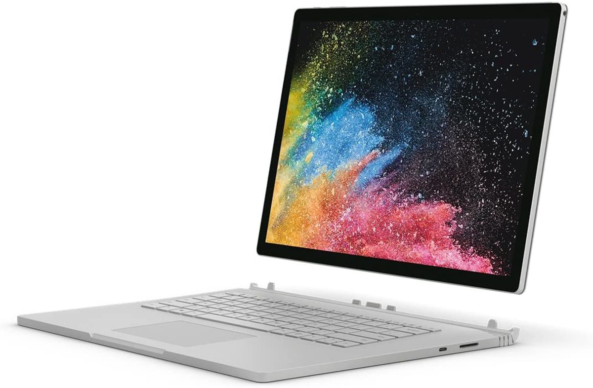 You can use the Microsoft Surface Book 2 in four different configurations: as a laptop, tablet (detaching the screen from the base), studio (folded) or view (propped at an angle for watching or presenting).