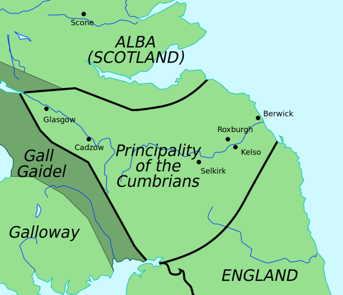 A map showing Alba and the Principality of the Cumbrians. The English/Scottish boundaries are not yet fixed as we know them: Glasgow is in Cumbria.  