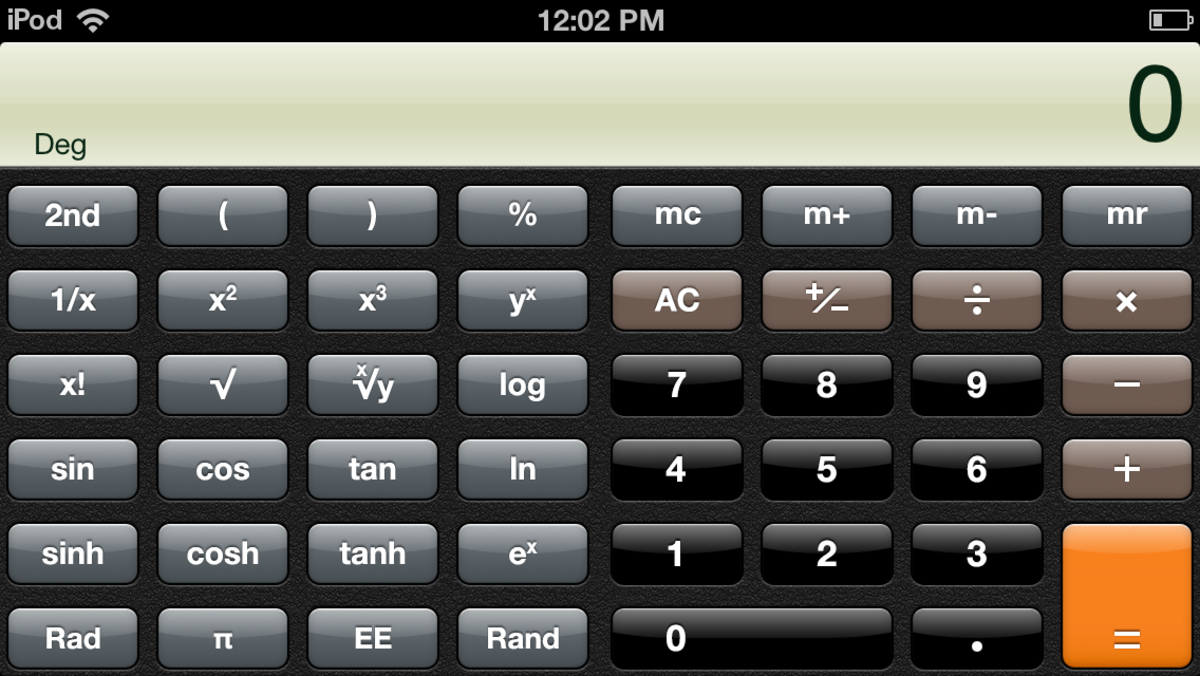Screenshot of the scientific calculator: this appears when the iPod is turned to the landscape orientation once the calculator app is opened.