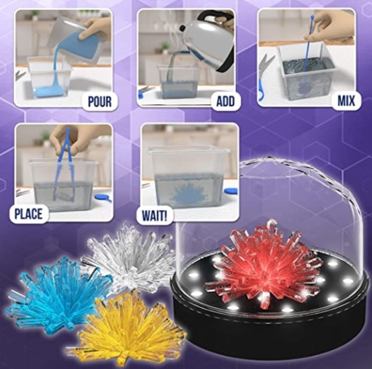 Crystal growing kit with a light-up display dome gives your kid a better understanding of the geological processes.