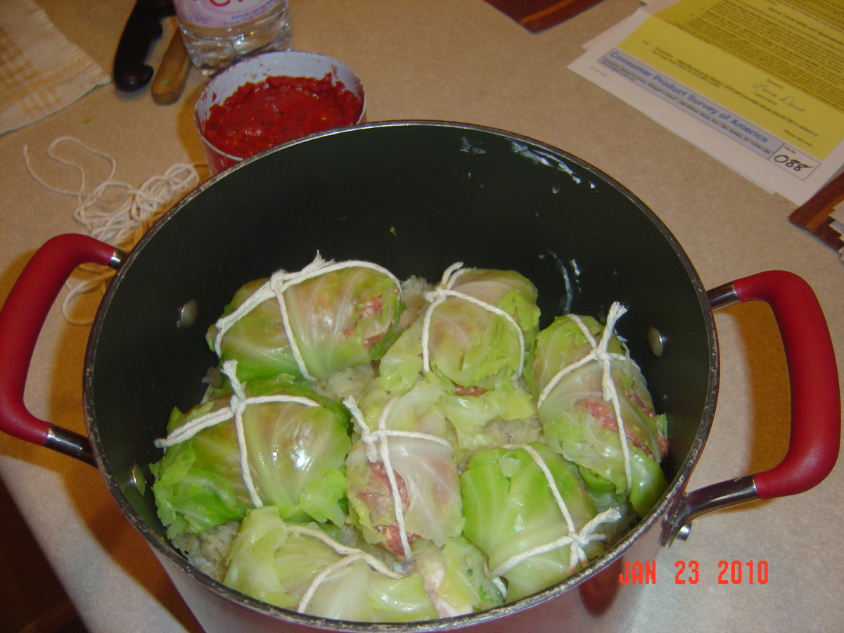 Stuffed cabbage leaves tied with string