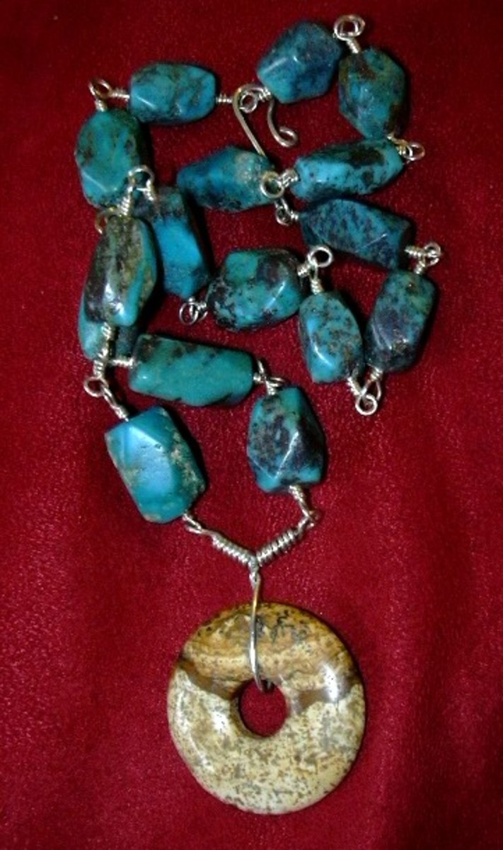 Turquoise nugget and picture jasper wire-wrapped necklace