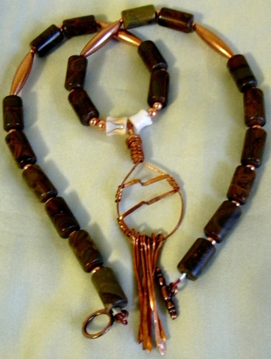 Chrysanthemum stone, also called flower stone, and copper necklace with handcrafted hammered wire copper pendant using no soldering
