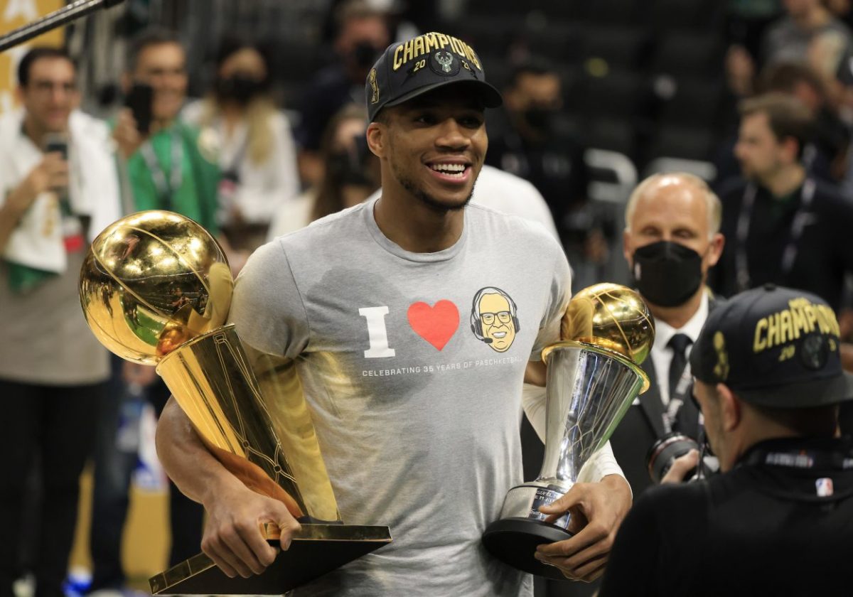 Giannis after winning the 2021 NBA Championship and Most Valuable Player Award