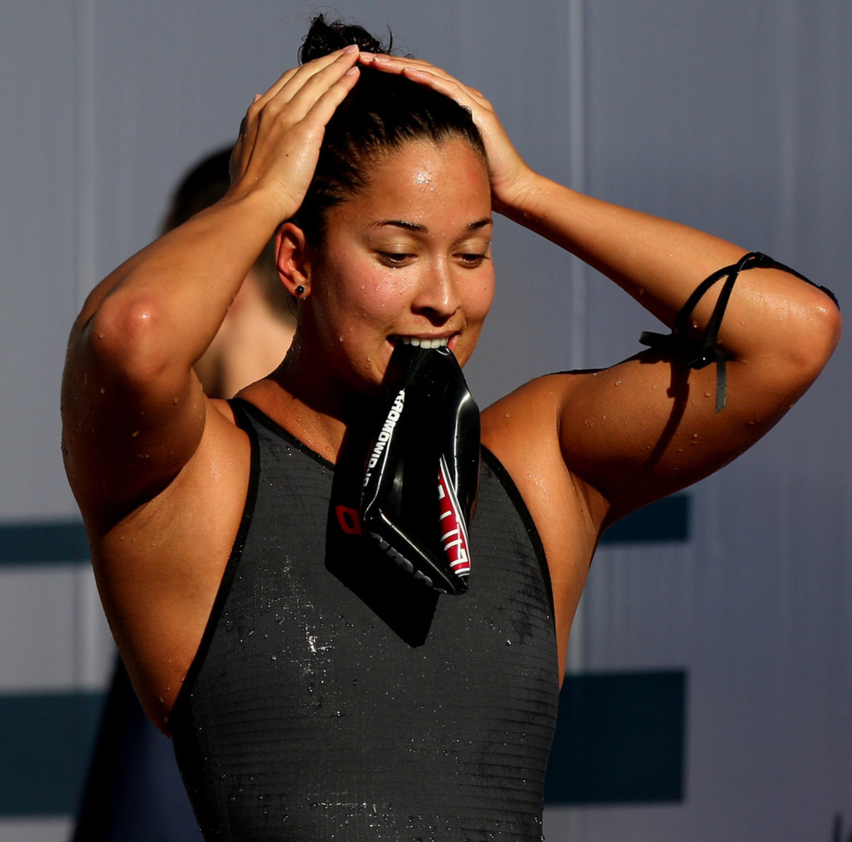 Ranomi Kromowidjojo reacts after the Women's 50 meter freestyle event in Rome.