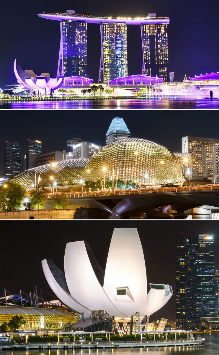 From top to bottom: Marina Bay Sands Integrated Resort, Esplanade - Theatres on the Bay, and the Singapore ArtScience Museum.