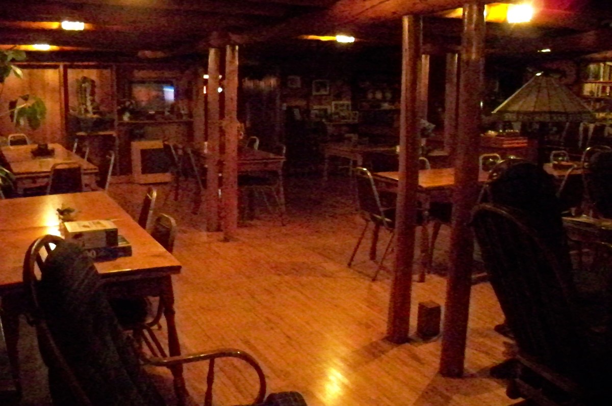 Inside the lodge at night, in the dining area