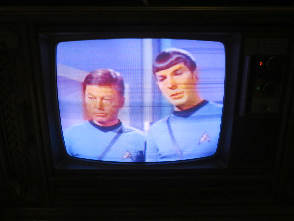 Dr. McCoy and Spock on the Quasar Color Television Model WL9439SP. The Quasar was made September 1980, this television is one of the early Quasar Dynacolor designs, Quasar Chassis Number SLTS976FA03. Requiem For Methuselah.