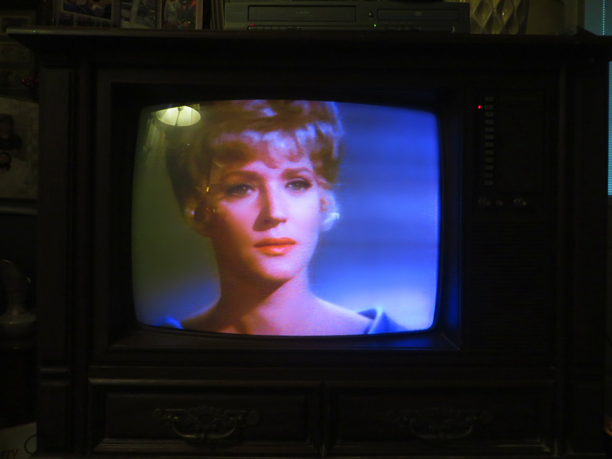 Majel Barrett as Nurse Christine Chapel, Star Trek (TV Series) Amok Time, playing on the 1980 Curtis Mathes Model G550, Color Television Console, Early American Design, Chassis C81-7 Medium Pecan.
