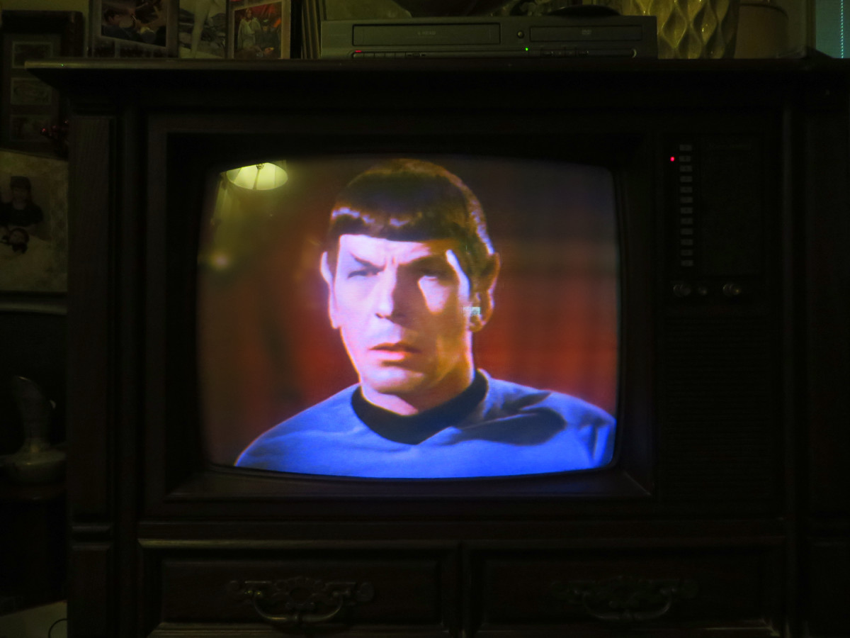 Leonard Nimoy as Mr. Spock, Star Trek VHS Tape on the 1980 Curtis Mathes Model G550. Color Television Console, Early American Design, Chassis C81-7 Medium Pecan. Both the tape and the television had been in a storage shed for countless years.