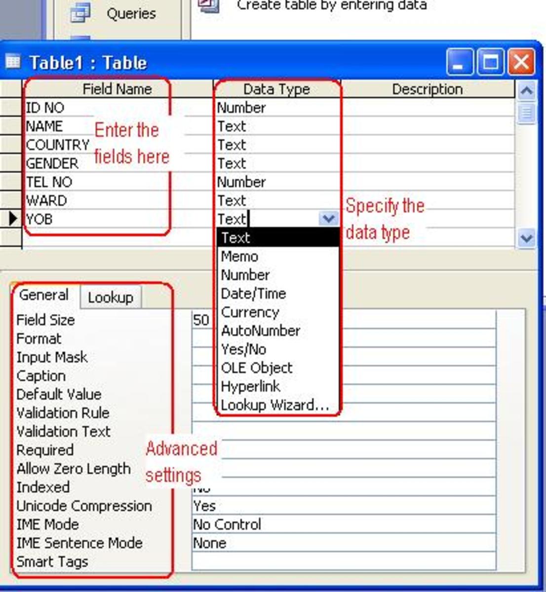 Creating Tables in Ms Access 2003