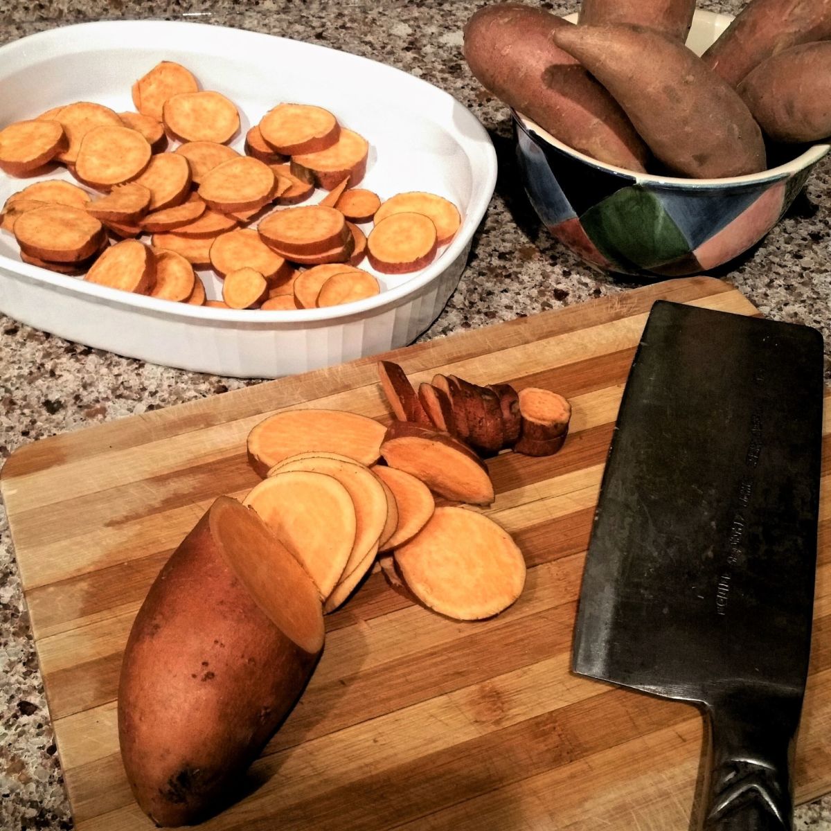 Slice the yams as thinly as possible. 