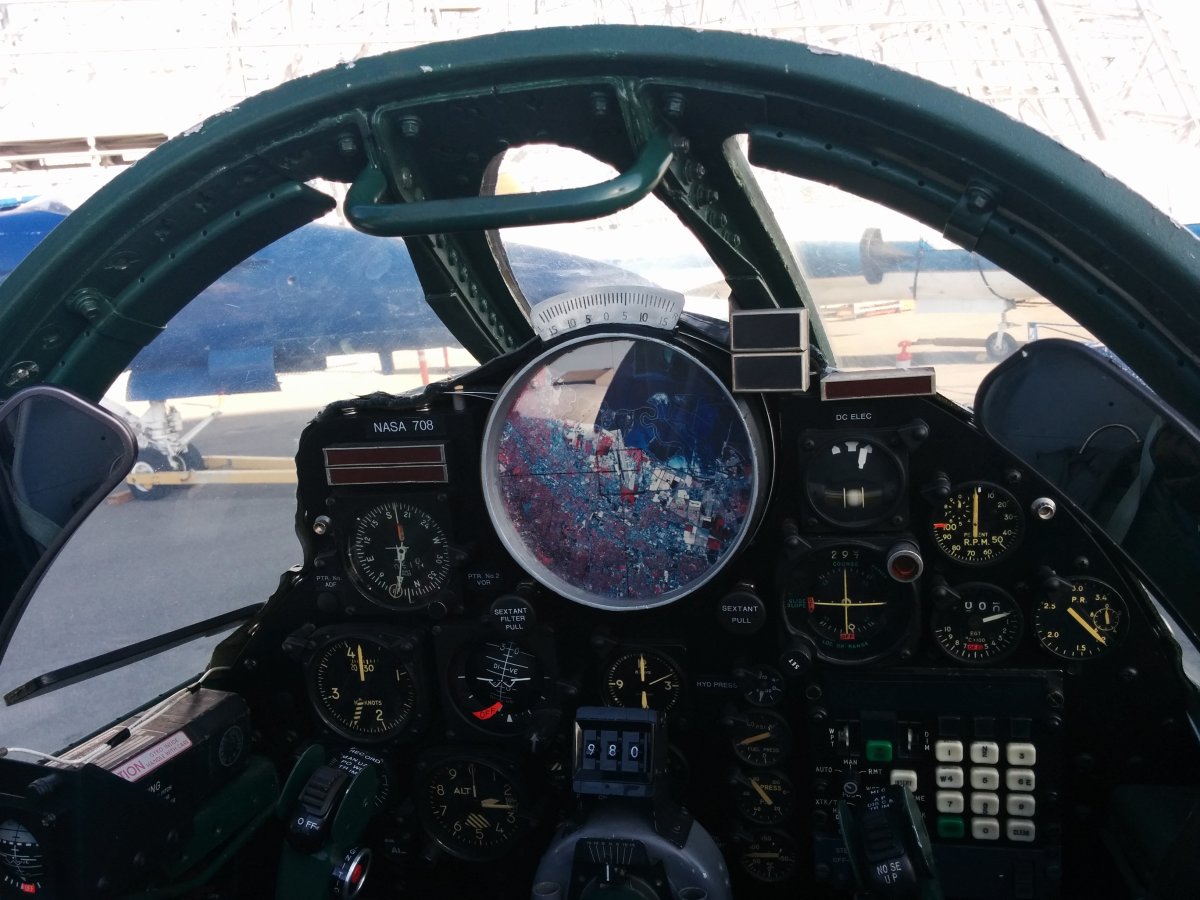 Pilot’s view of the cockpit of a U-2 spy plane.