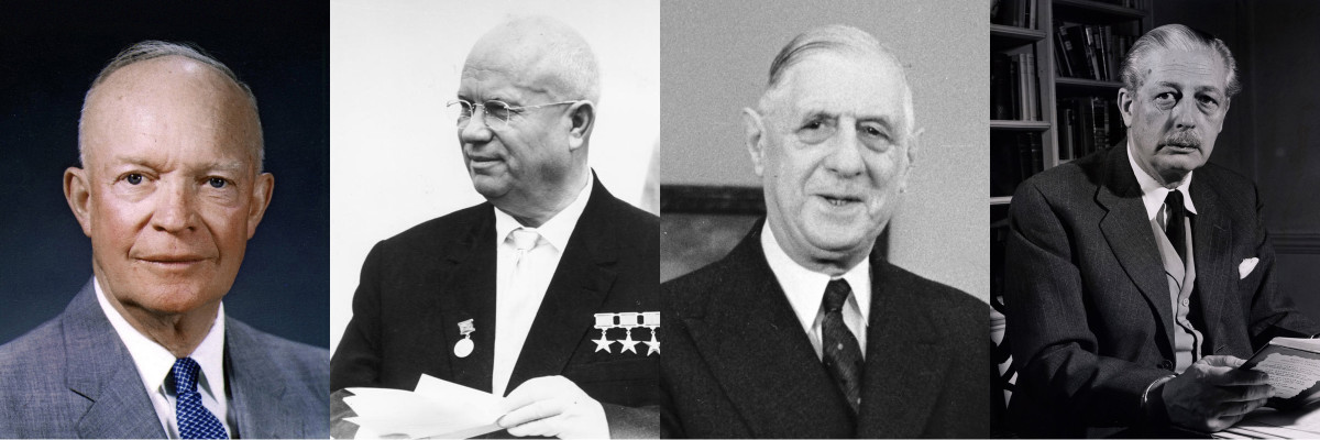 (left to right) President Eisenhower, Soviet Premier Nikita Khrushchev, French President Charles de Gaulle, and British Prime Minister Harold MacMillan.