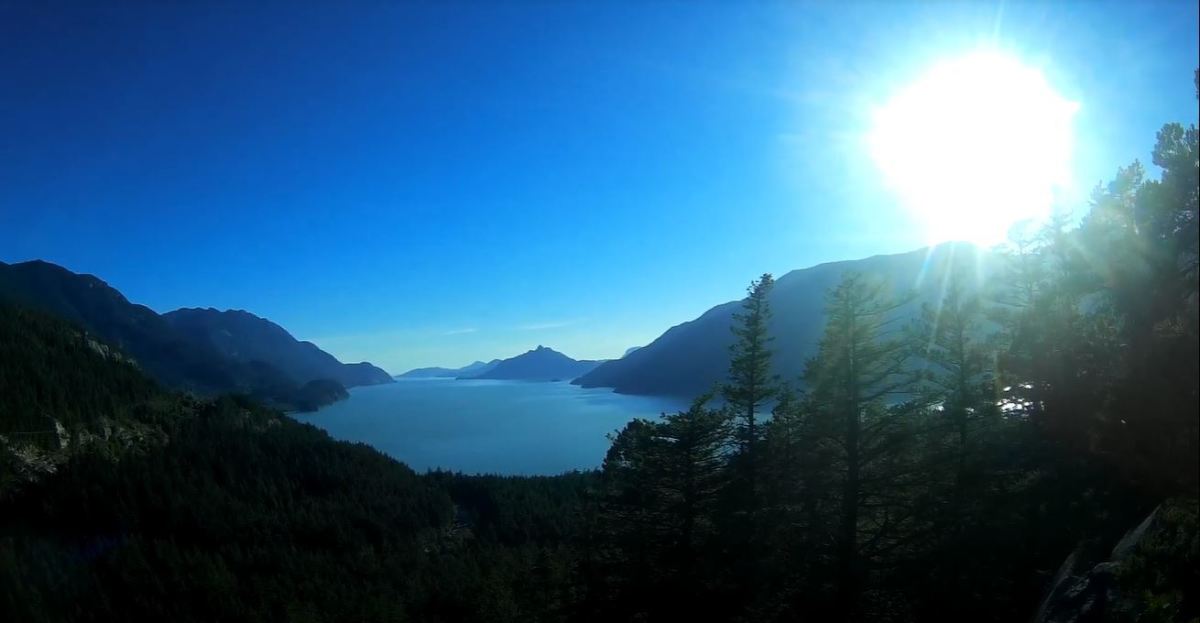 The view from Quercus Point in Murrin Provincial Park—sorry about the sun. This view overlooks Howe Sound. The camera is pointed to the south.