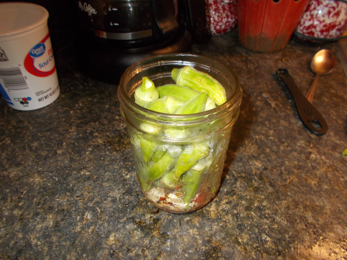 Pack okra tightly into jar.