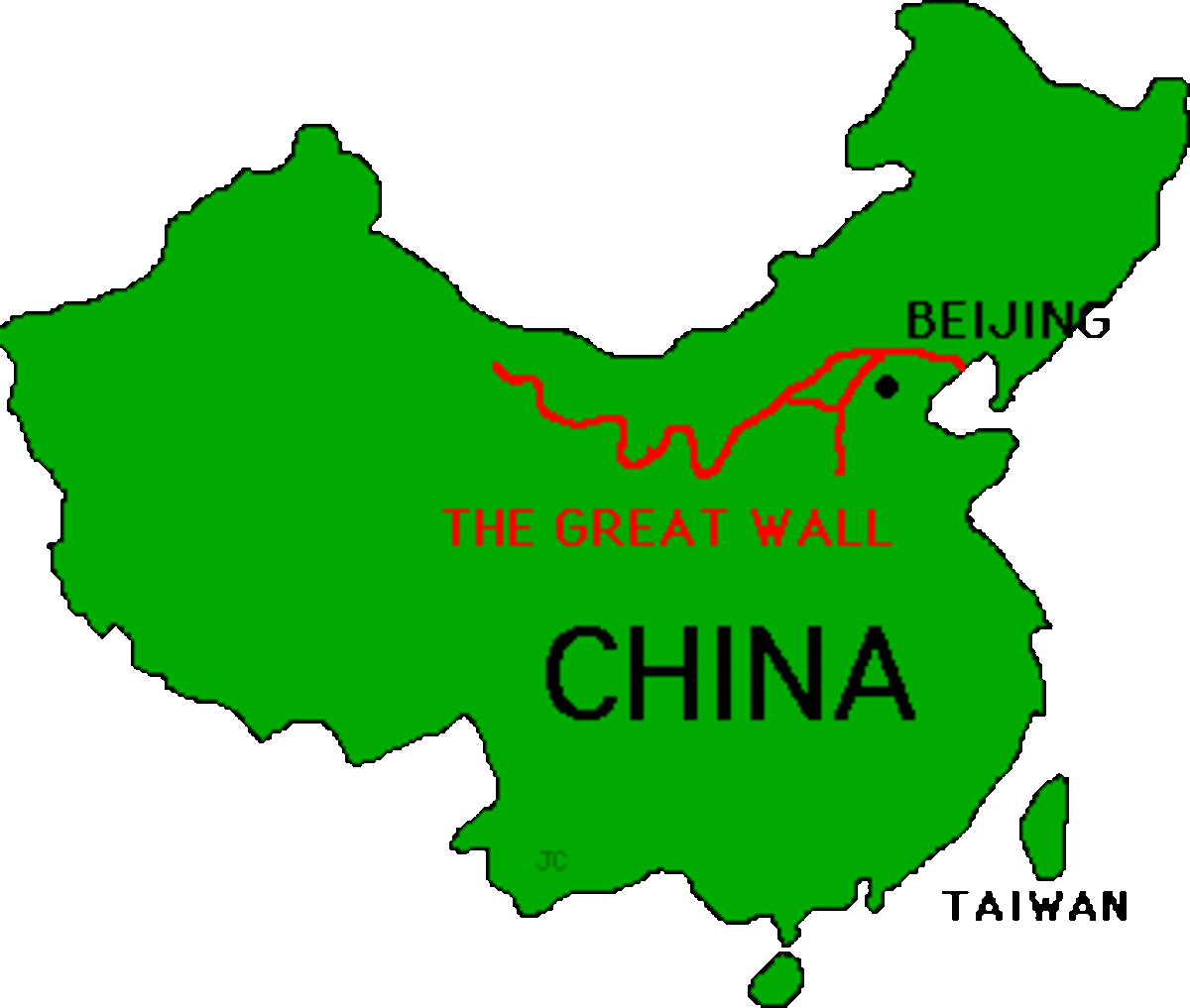 The red outlines the Great Wall of China. 