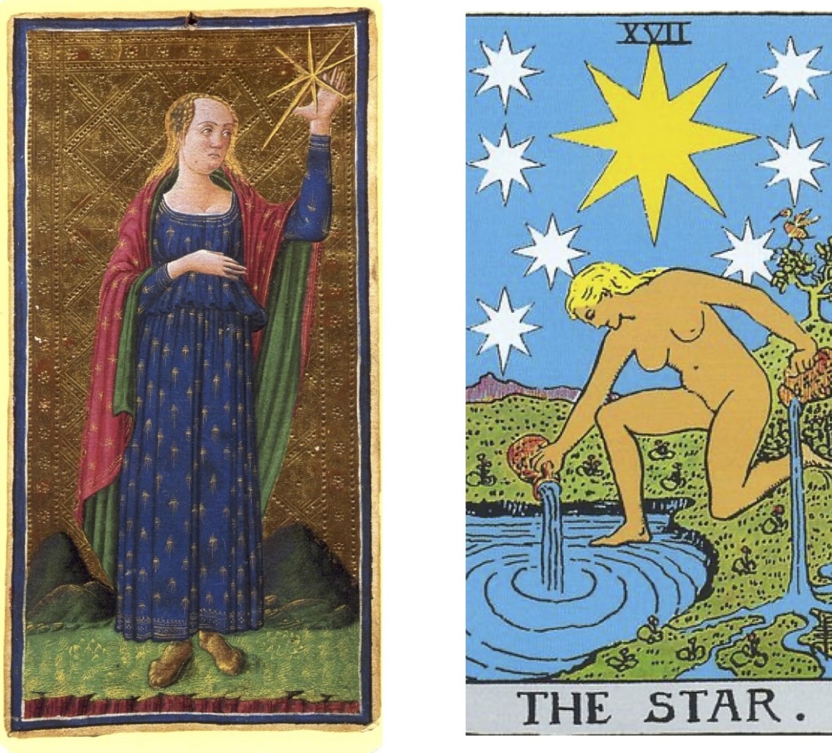 这张星牌意味着物质和精神上的成功;“平衡生活”的理想。是放在银盘子里吗?不。请注意，这两幅图像(15世纪和20世纪版本)的背景都有山脉，代表克服的挑战。