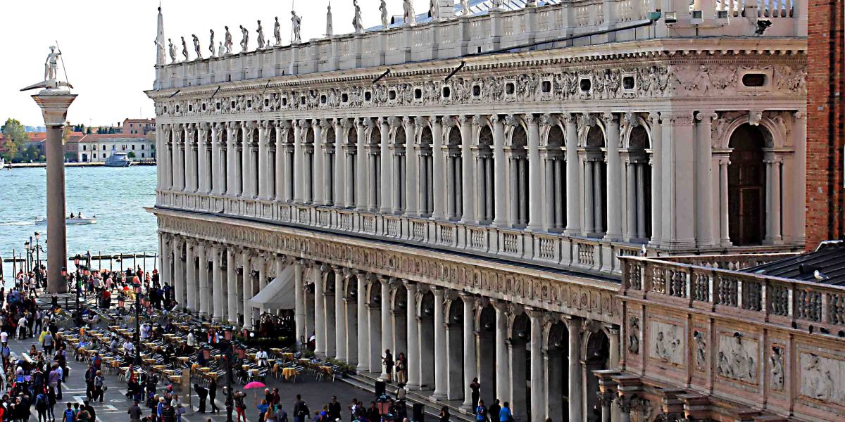 The Biblioteca Marciana stands opposite the Doge's Palace. Designed in the 16th century, renouned contemporary Venetian architect Andrea Palladio called the Library 'the most magnificent and ornate structure built since ancient times'.