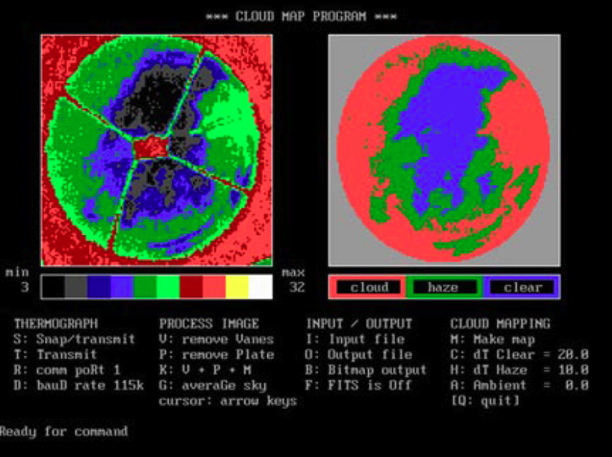 A thermograph of a cloud (image on right), from the Mallama et al IR cloud detector makes visible the sense of Wells' observations.  Image courtesy of Mallama et Al and NASA.