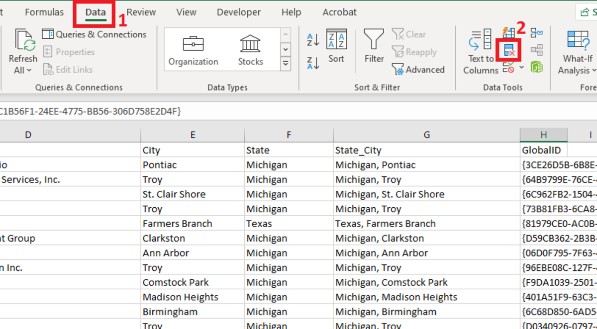 The remove duplicates tool is found in the section labeled data tools which are located under the data tab in the Excel ribbon. 