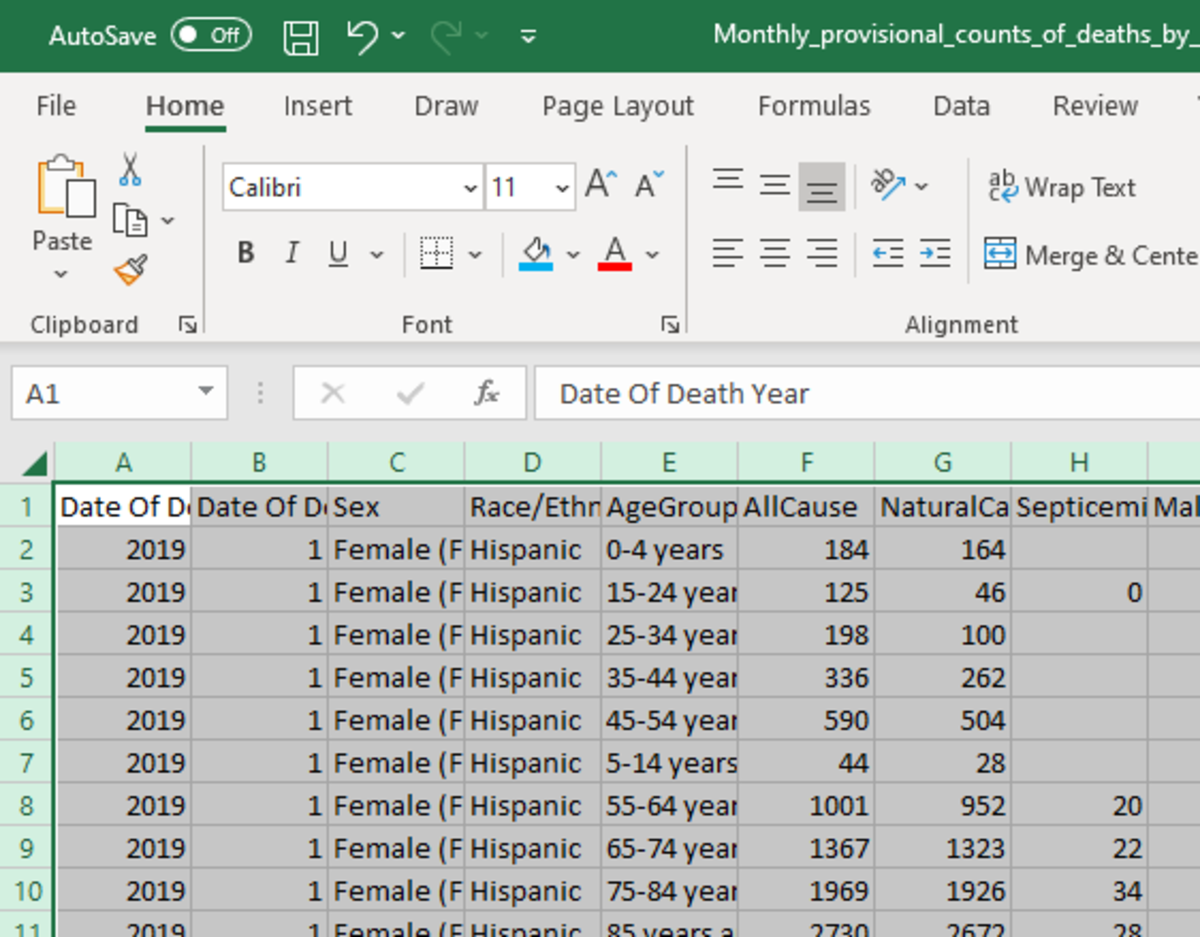 The above illustration shows the data after it was pasted into a new sheet. Before pasting the data the select all feature must be pressed or the first cell must be clicked so that the data in the new worksheet matches the position in the original. 