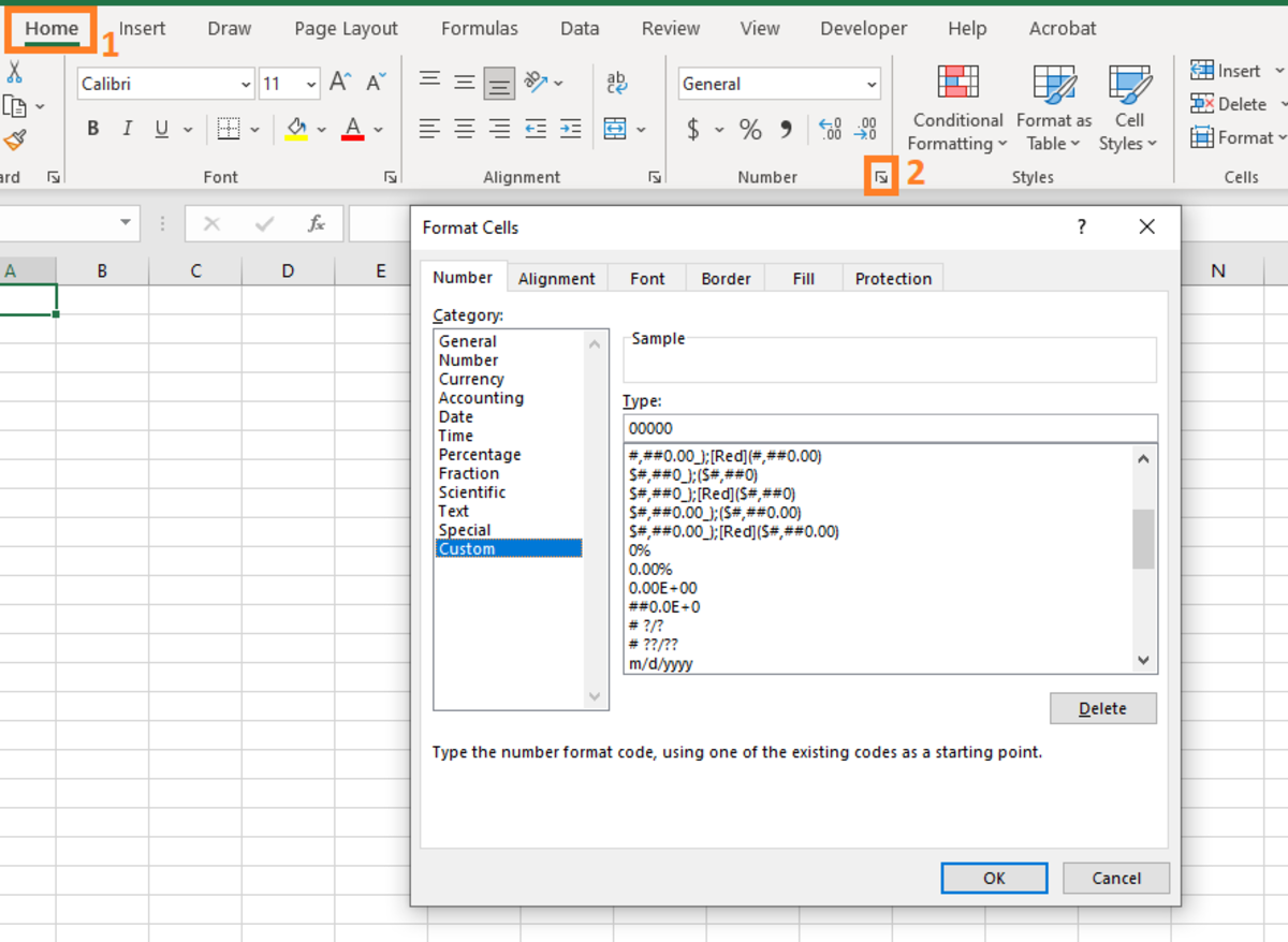 The illustration shows the format cells window where you can search for the codes of different formatting styles. 