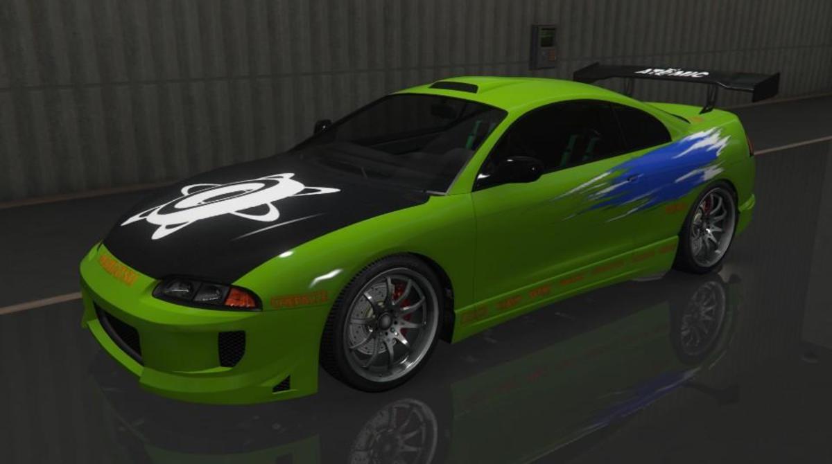 One of the livery available on GTA Online, clearly designed after Paul Walker's Eclipse from The Fast and The Furious