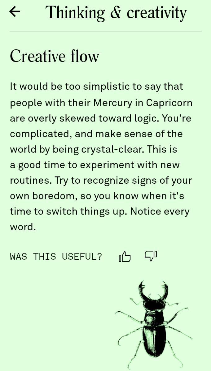 A portion of the personalized day reading for a person born with Mercury in Capricorn. The Co-Star screenshot has been made green here to make it more HubPages-readable; in the app, it's pure white.