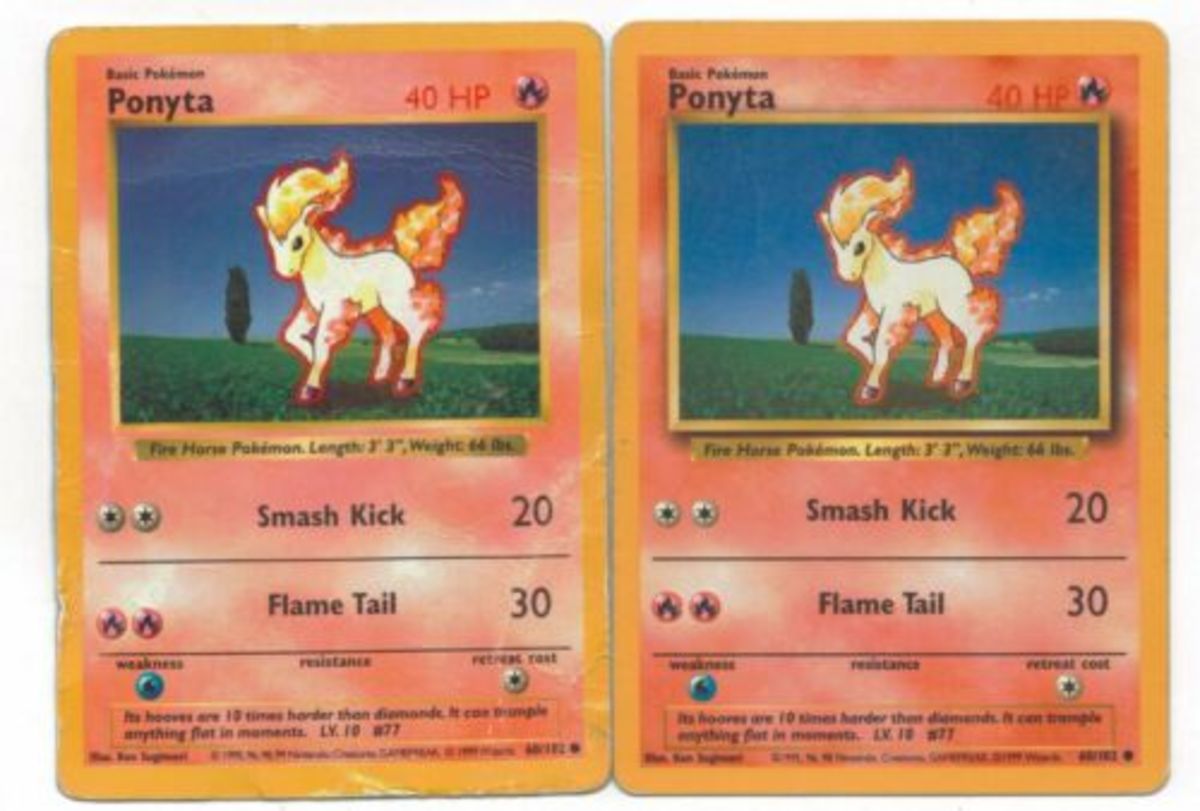 On the left, we see a shadowless Ponyta.  On the right, we see an "unlimited" Ponyta, produced during Base Set's third distribution cycle, and marking the first printing to feature the drop shadow on the right side of the illustrative frame. 