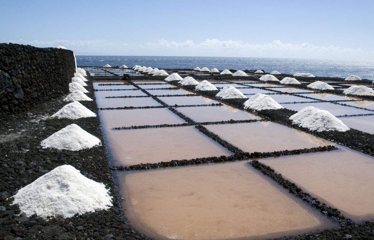 Sea salt paddies, on the far southern tip of La Palma in the town of Fuencaliente, Canary Islands (Isla Canarias). Sea water is pumped up from the ocean below and allowed to evaporate from these shallow pools carved out of the lava rock. 