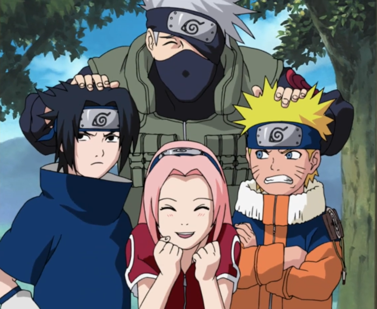 Team 7: Naruto Uzumaki, Uchiha Sasuke, Haruno Sakura and teacher Kakashi