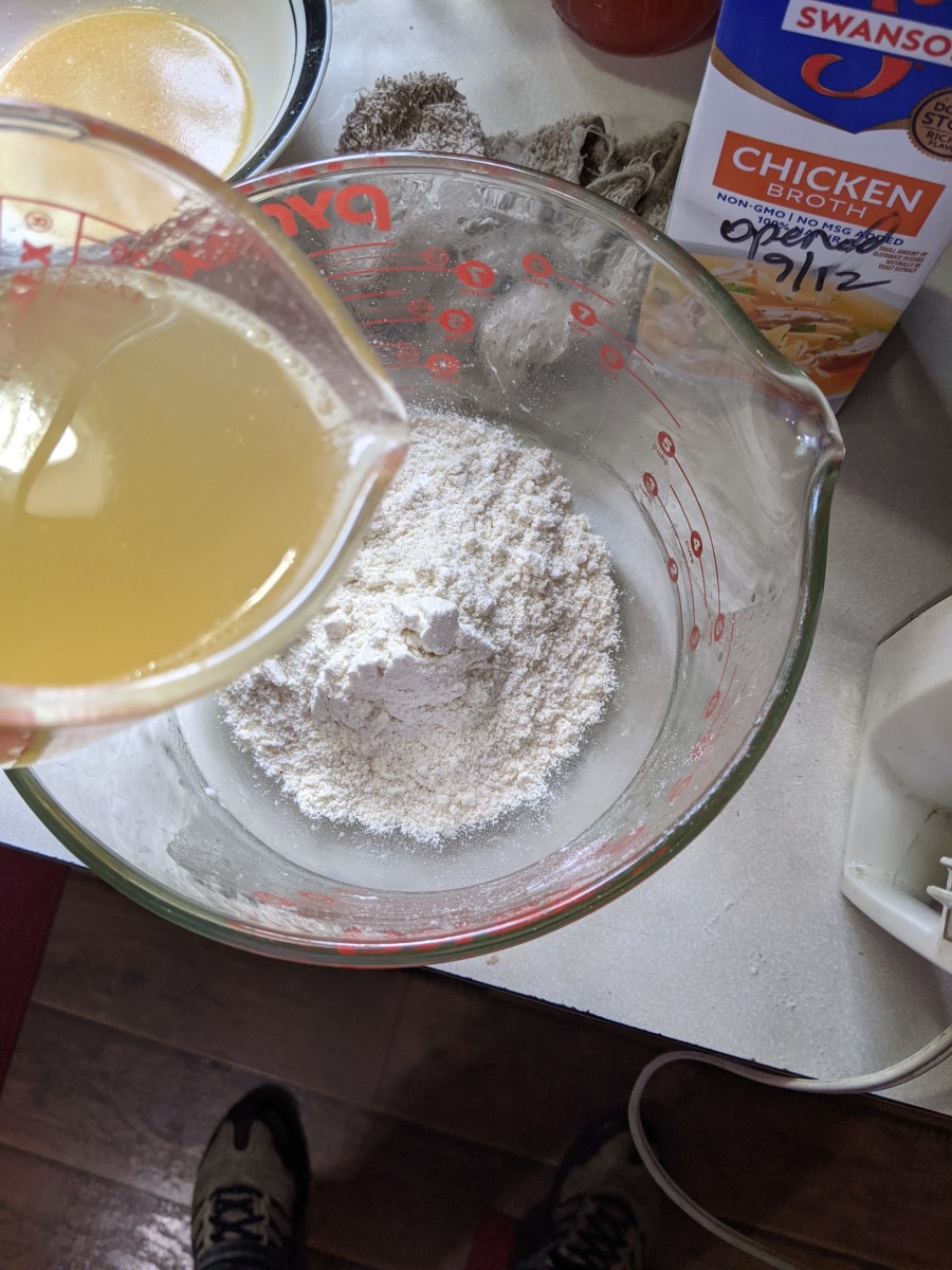 Add baking powder/salted broth to flour