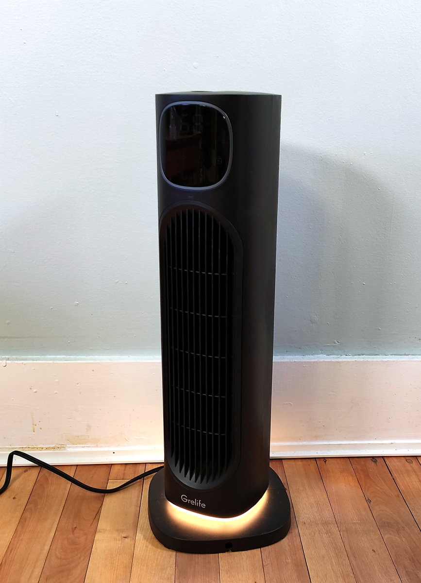 A lamp at the bottom of this heater may be turned on, dimmed, or turned off.