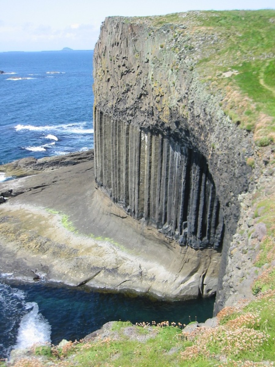 View from the top to the entrance of Fingal's Cave, Isle of Staffa, Scotland