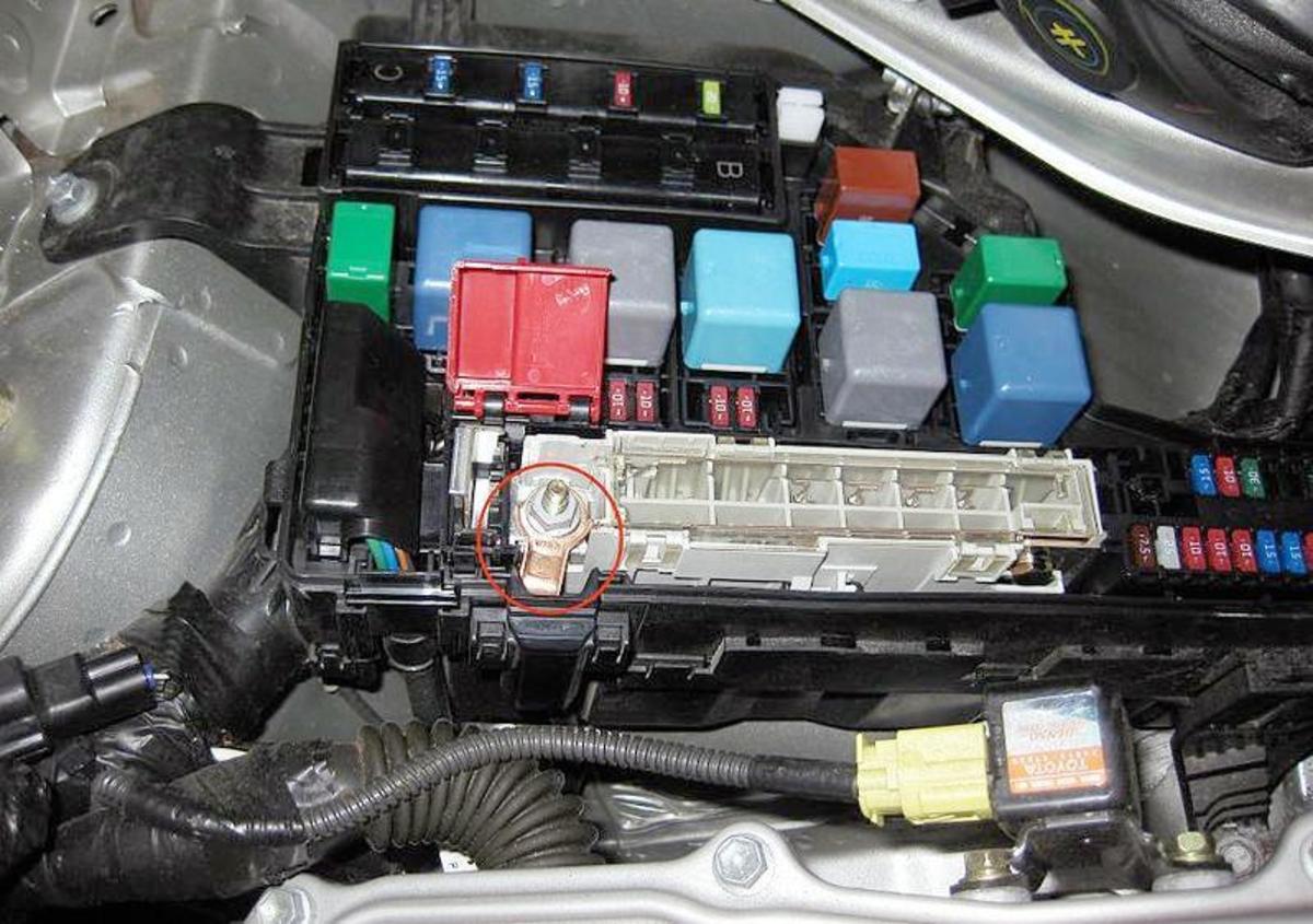 Some hybrid vehicles provide a jump-starting terminal, like in this Toyota Prius model.