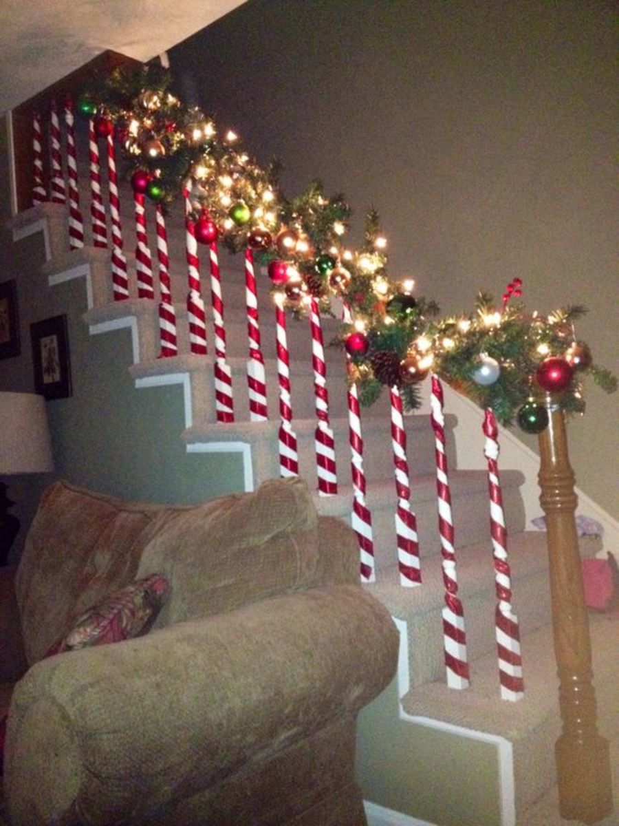 Candy cane staircase decorations. 
